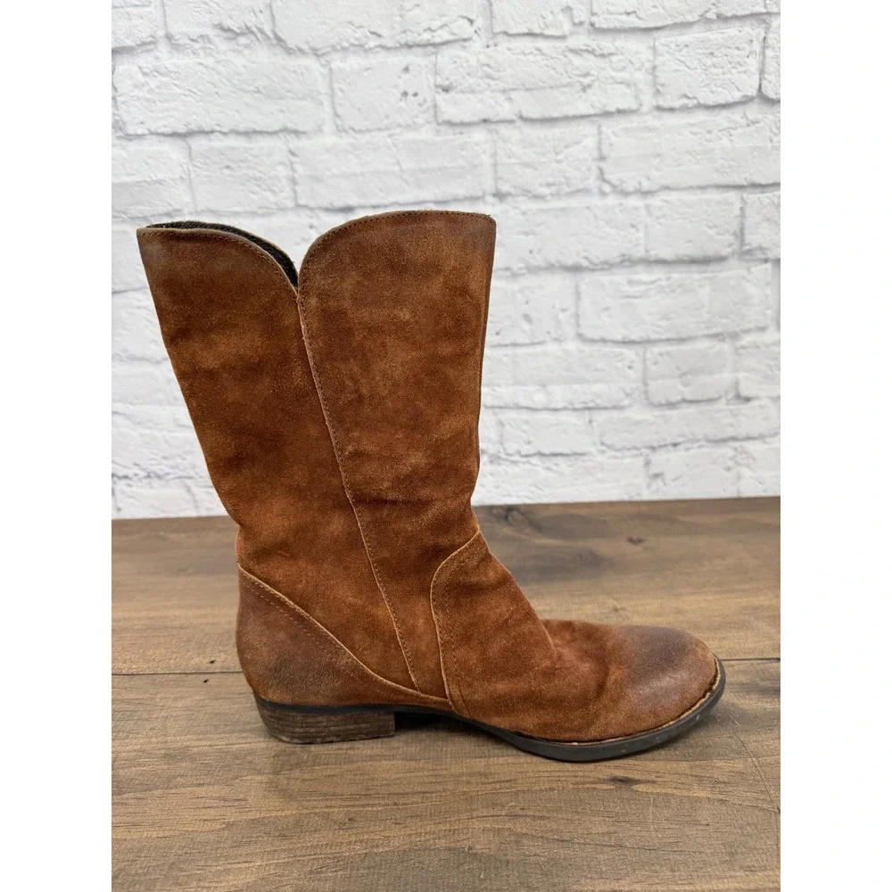 Born Brown Suede Mid Calf Boots Women's 10M Side Zip Leather Boho Rustic Moto